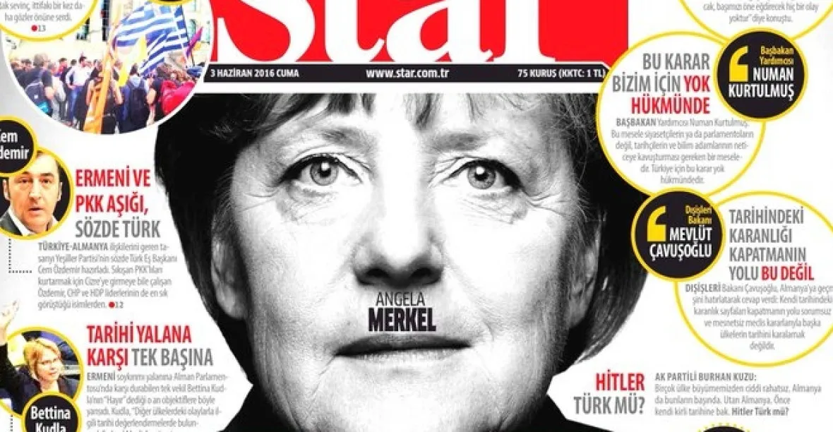 Merkelová jako Hitler. Turecký tisk tepe Německo za Armény