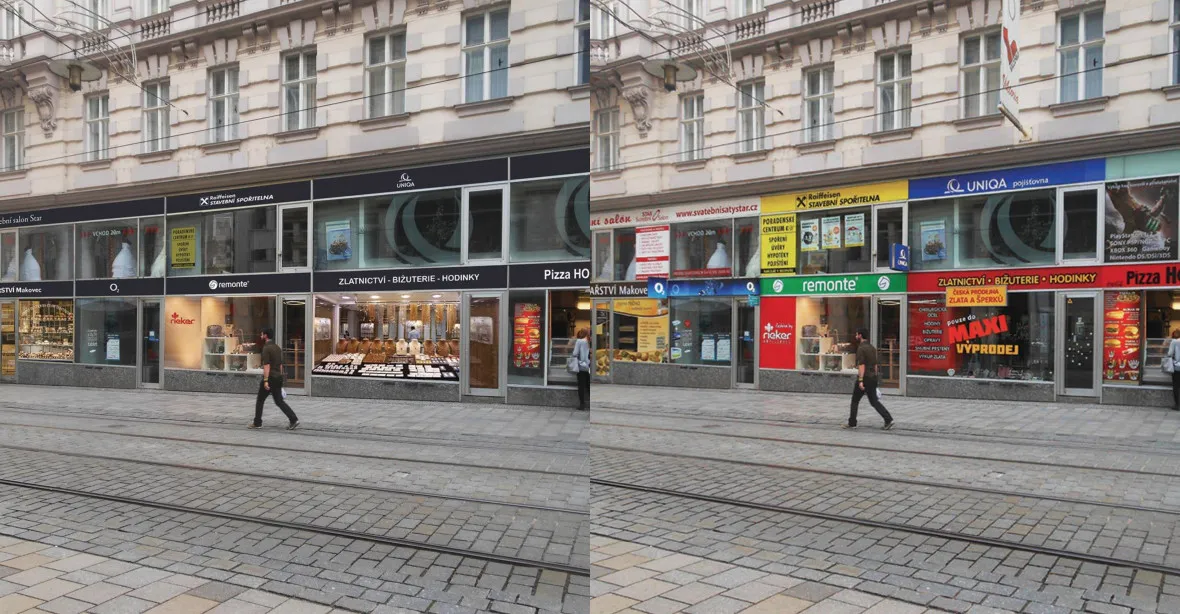 Jednotný vzhled prodejen? V Brně zmizí z výloh a ulic křiklavé reklamy