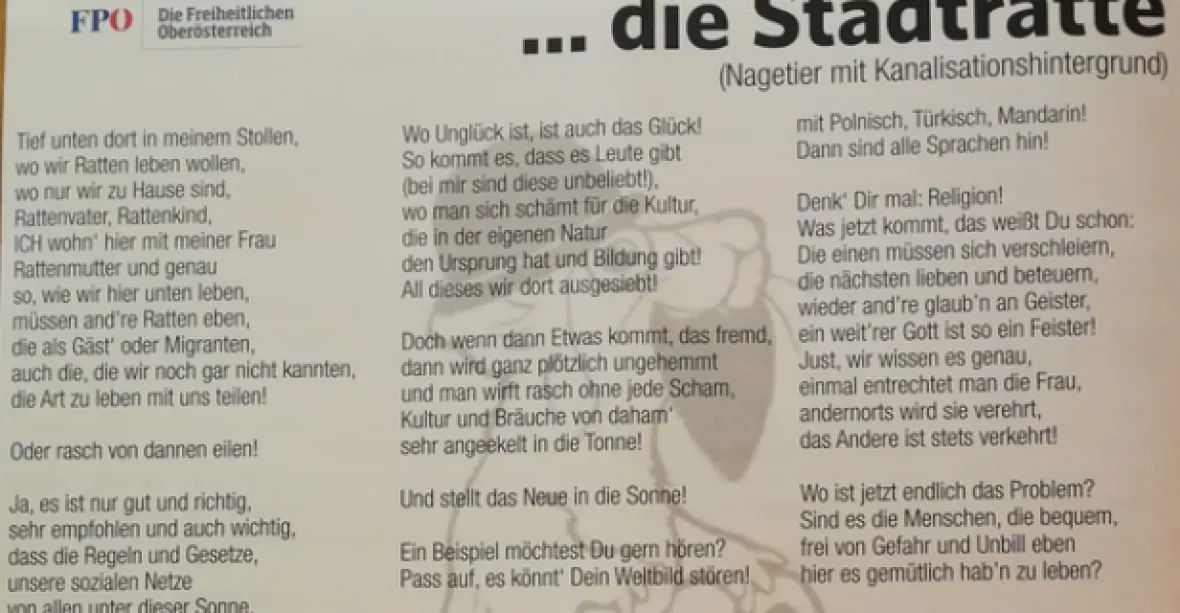 O migrantech jako krysách. Báseň z Hitlerova rodiště pobouřila Rakousko