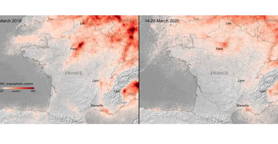 Satelitní snímky ukazují, jak výrazně se v Evropě zlepšilo ovzduší