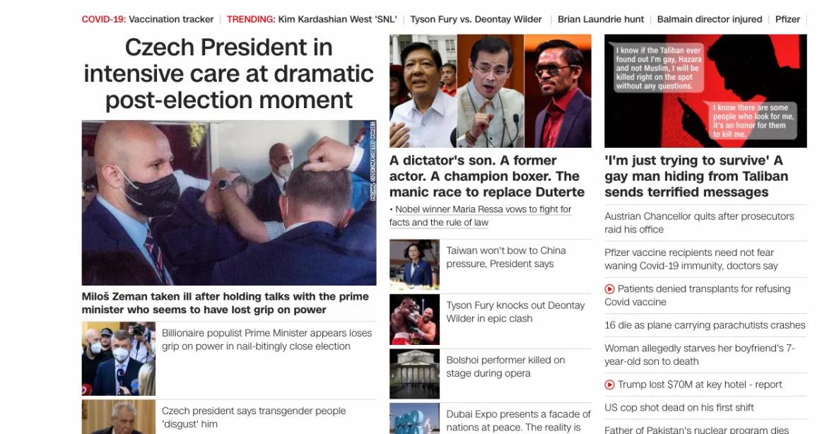 Americká CNN otevírá hospitalizací prezidenta Zemana, vysoko je i na BBC