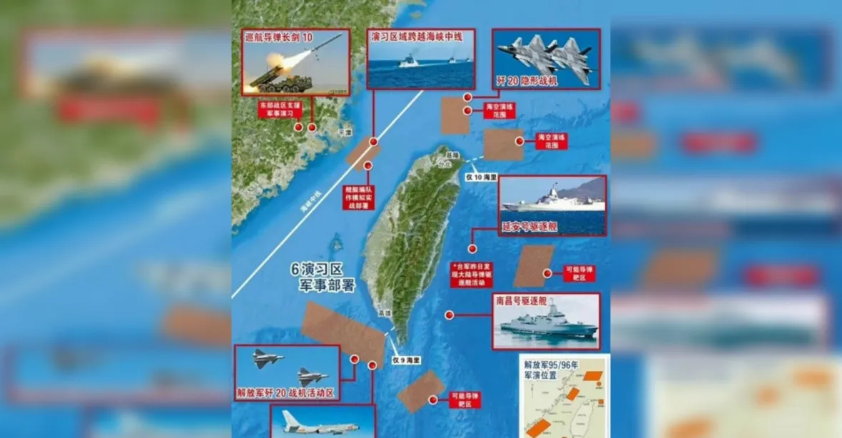 Čínská armáda se přibližuje k Tchaj-wanu. Linii překročilo 68 letadel a 13 válečných lodí