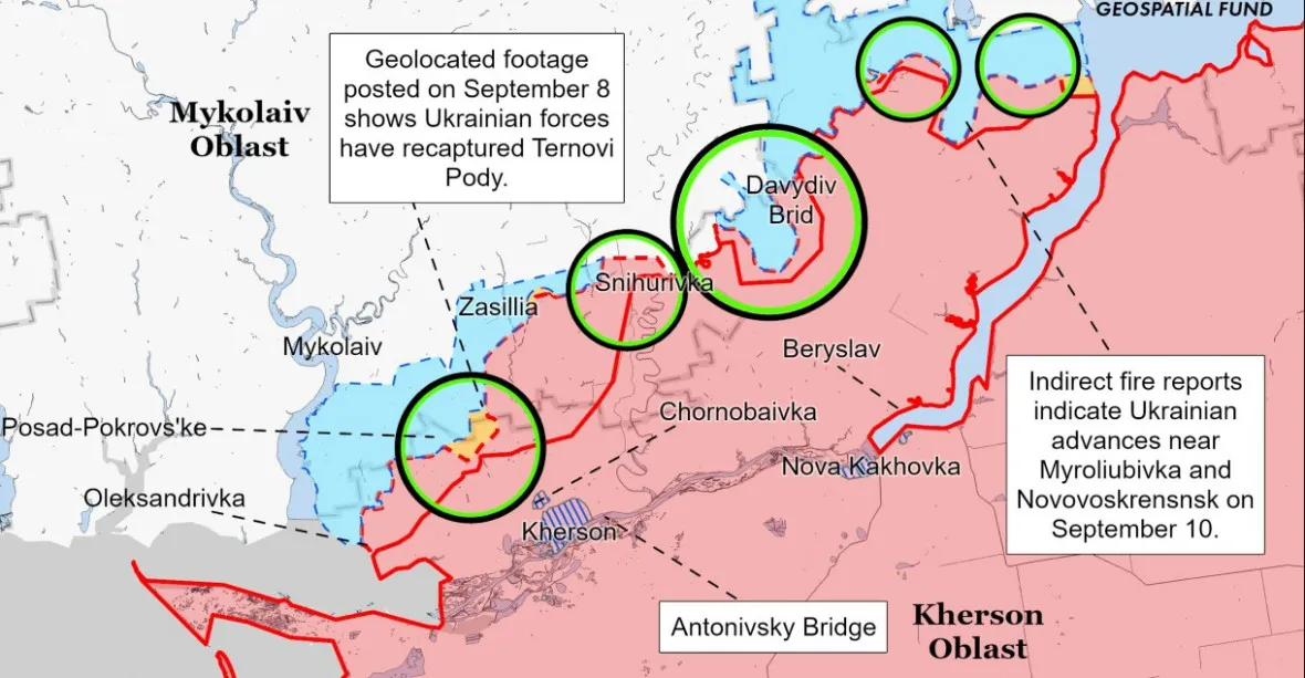 Ukrajincům se daří i na jižní frontě, postupují i v Chersonské oblasti