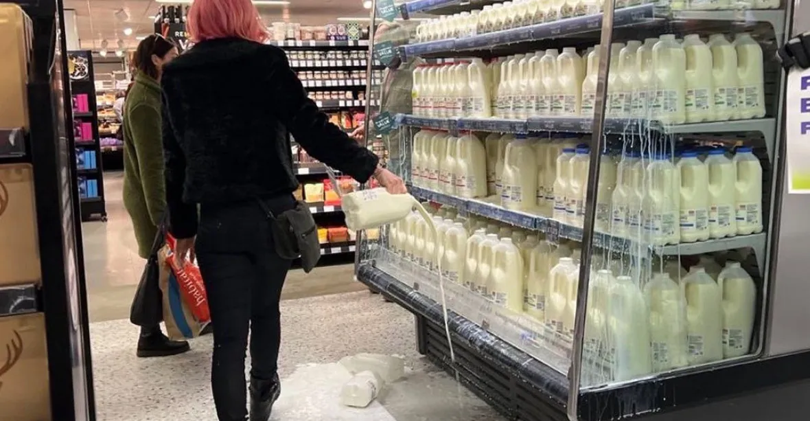 VIDEO: Aktivisté chodí do supermarketů vylévat mléko. Požadují „rostlinnou budoucnost“