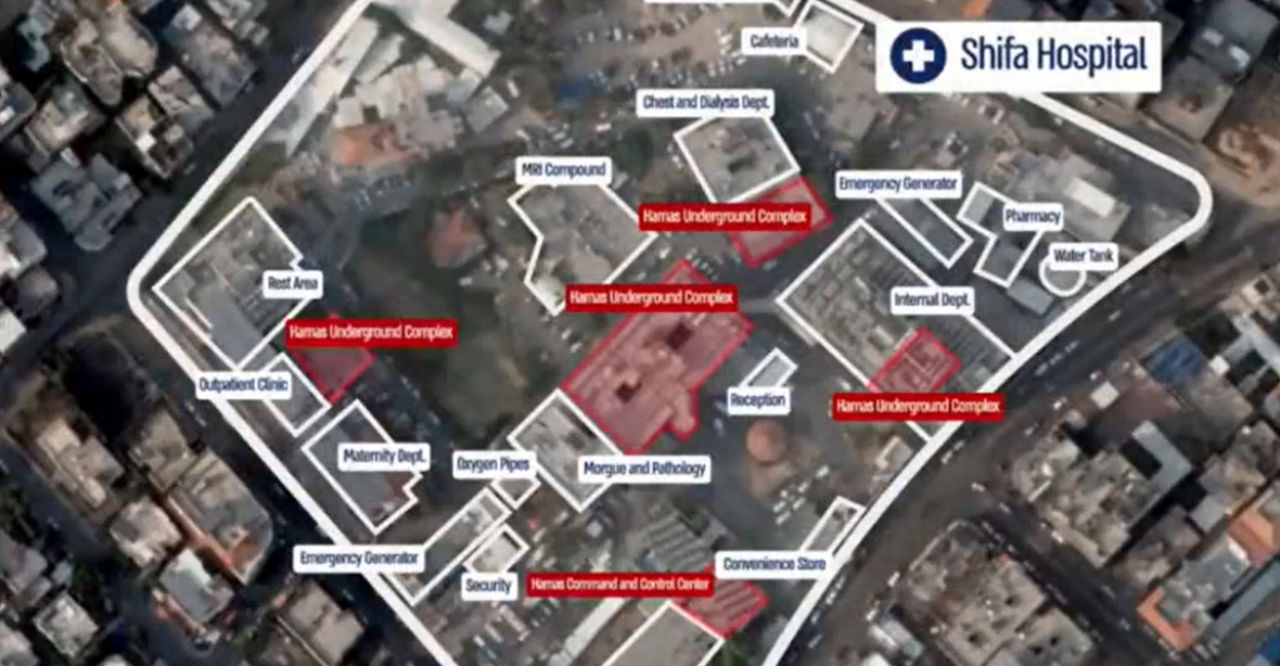 Hlavní velitelství Hamásu je pod centrální nemocnicí v Gaze, tvrdí Izrael a ukázal animaci